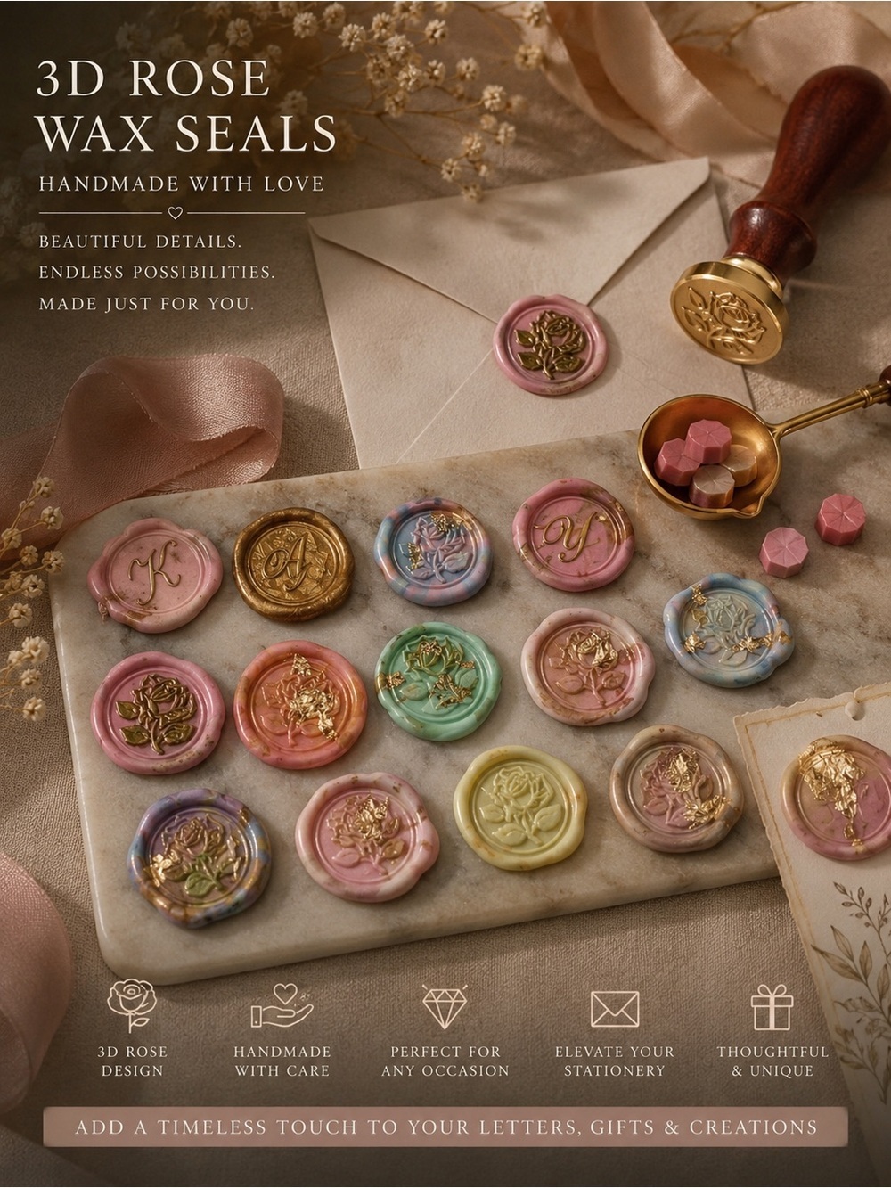 Handmade 3D Rose Wax Seals | Peel & Stick Available | Choose Your Design